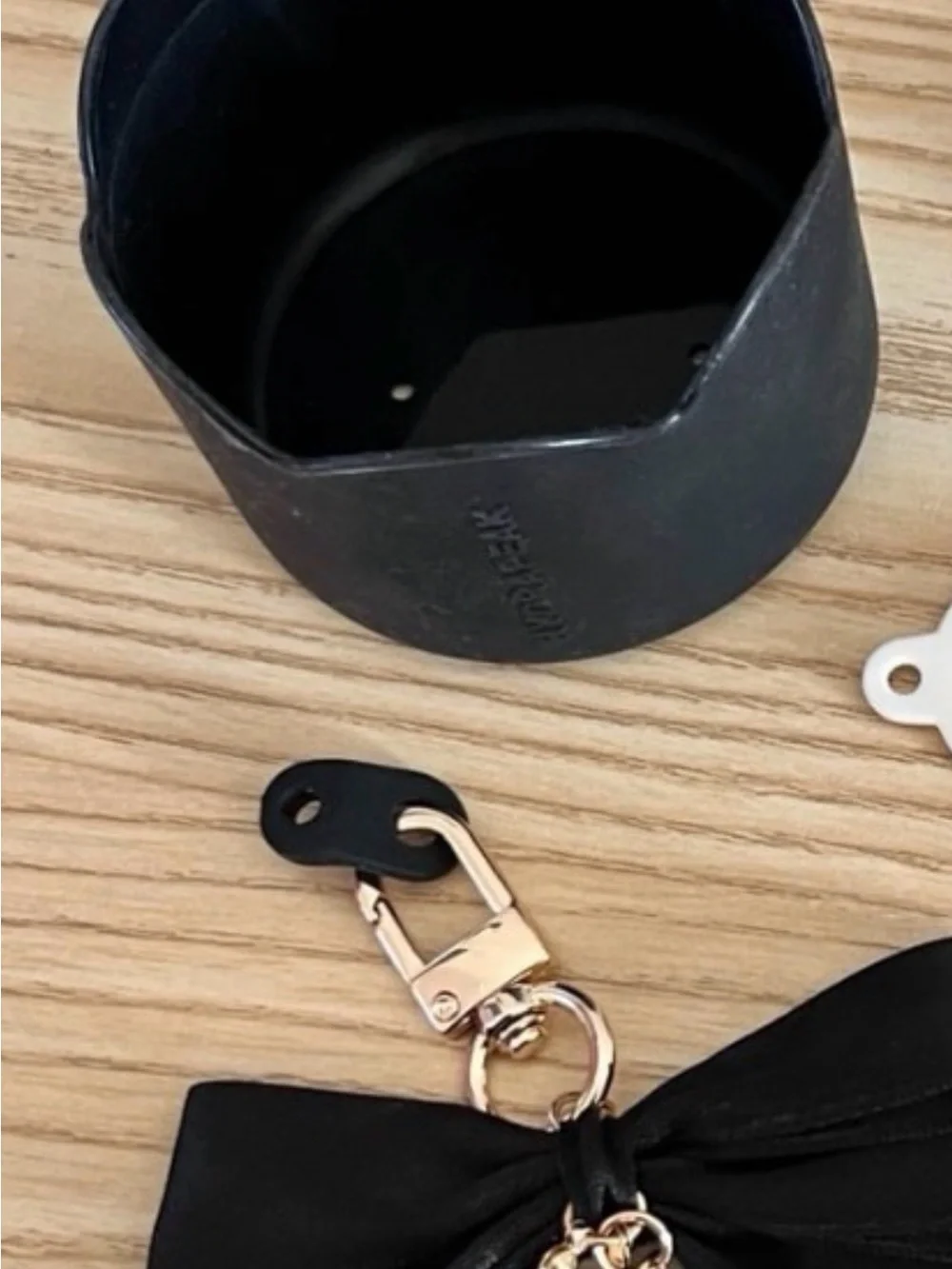 Black Satin Bow Charm Keychain with Gold Accent & cup boot